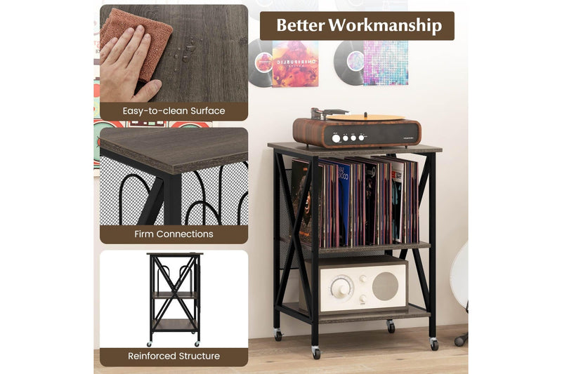 Giantex Record Player Stand Storage Rack w/Charging Station Bedside Table Grey