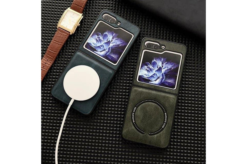 For Samsung Galaxy Z Flip5 Leather Pattern Magnetic MagSafe PU Back Phone Case Protective Cover (Brown)