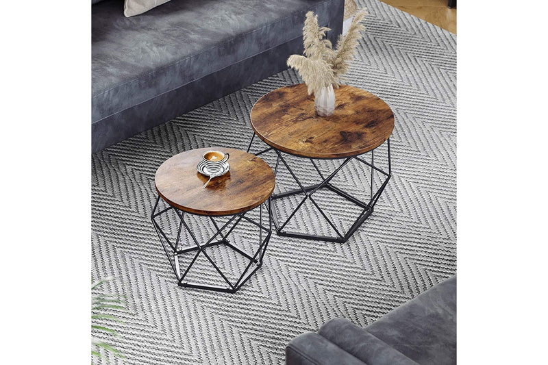 Set of 2 Side Tables Robust Steel Frame, Rustic Brown and Black