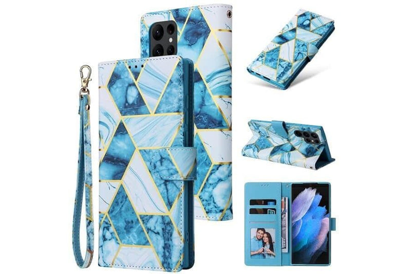 For Samsung Galaxy S24 Ultra Case Fashion Marble Painting Pattern Flip Wallet Case Leather Card Slots Stand Cover (Blue Gilding)
