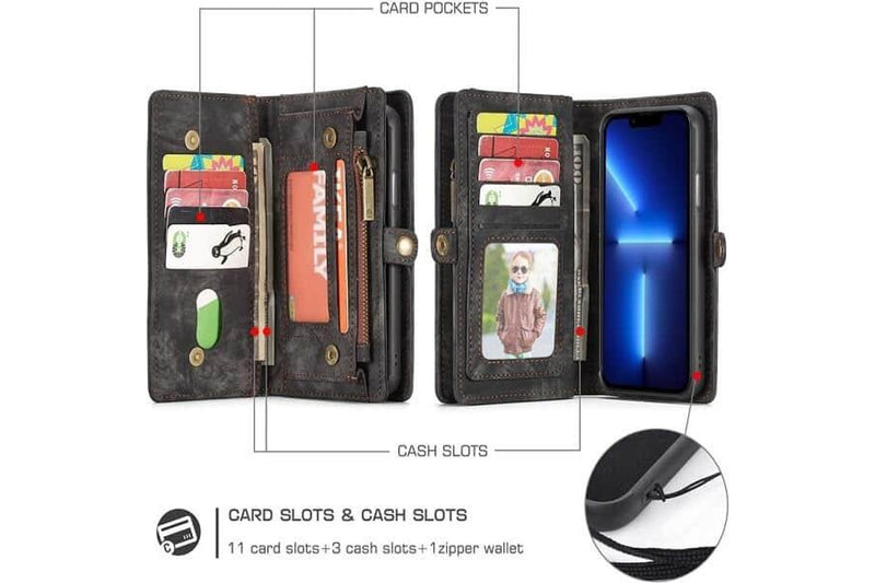 CaseMe For Apple iPhone 13 Pro Zipper & Detachable Retro Leather Pouch Wallet Flip Purse Bag Detachable Phone Case Cover (Black)