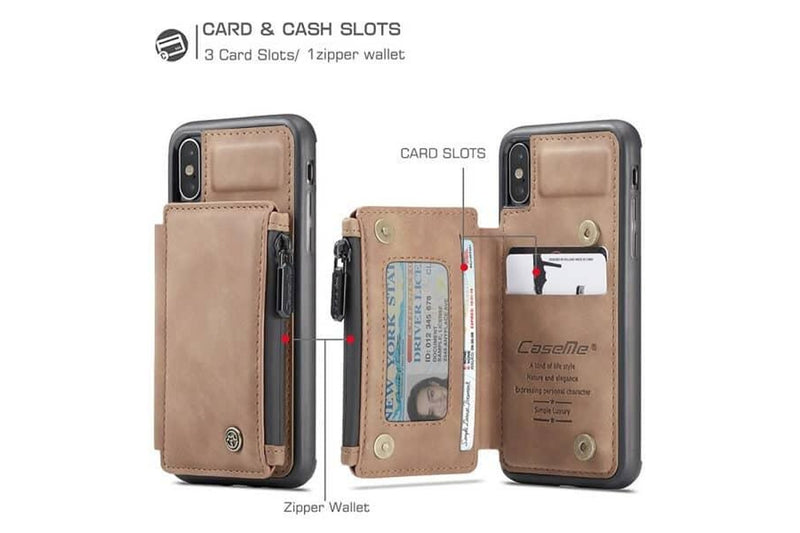 For Apple iPhone X / XS CaseMe Back Zipper Wallet Case W/ 3 Card Slots, RFID Blocking, 1 Money Pocket, Credit Card Holder Leather Cover (Brown)