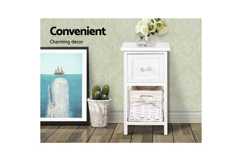 Artiss Bedside Table 1 Drawer with Basket Rustic White X2