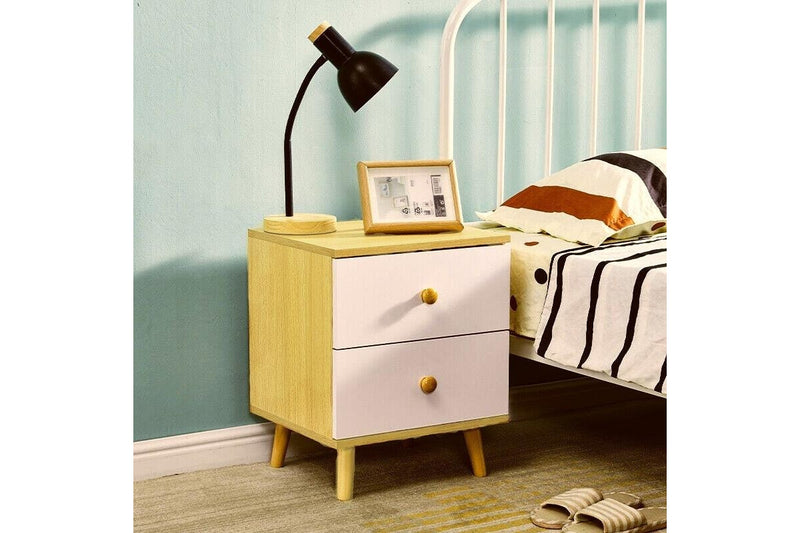 NNECN Wooden Bedside Cabinet with Two Drawers and Sturdy Legs