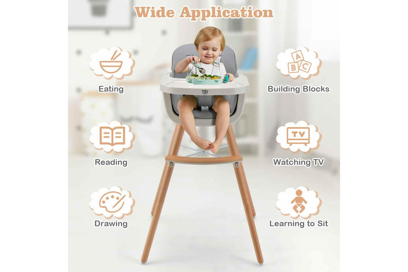 Giantex Baby High Chair Infant Feeding Chair Wood Eating Dining Chair Adjustable Tray & Footrest Grey