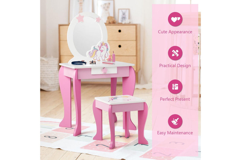 Giantex Kids Vanity Table & Chair Set Princess Makeup Dressing Table w/Mirror & Stool 2 in 1 Vanity Set Writing Desk