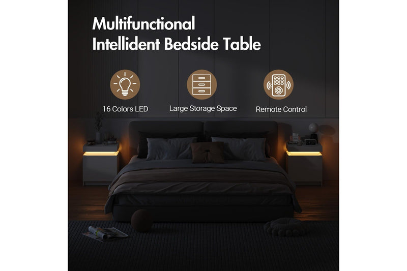 Advwin Set of 2 Bedside Table LED RGB 2 Drawers With Lift Up Storage Nightstand White