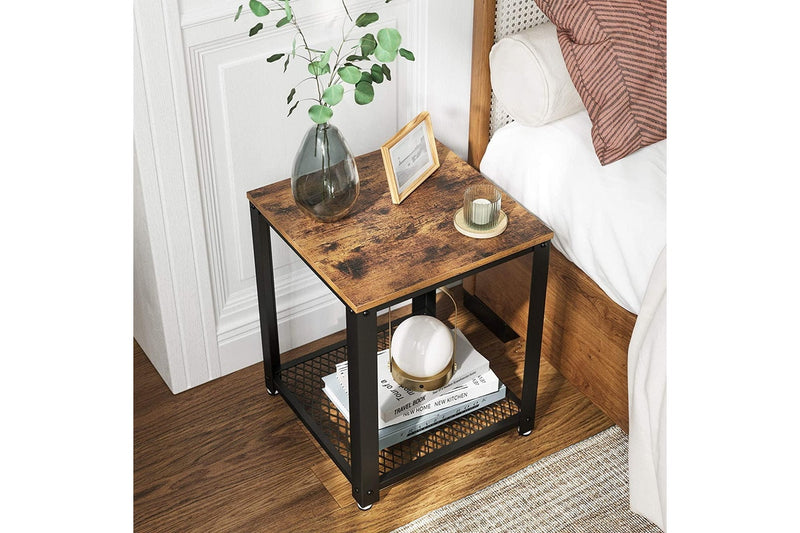 2-Tier Side Table with Storage Shelf with Metal Frame, Rustic Brown