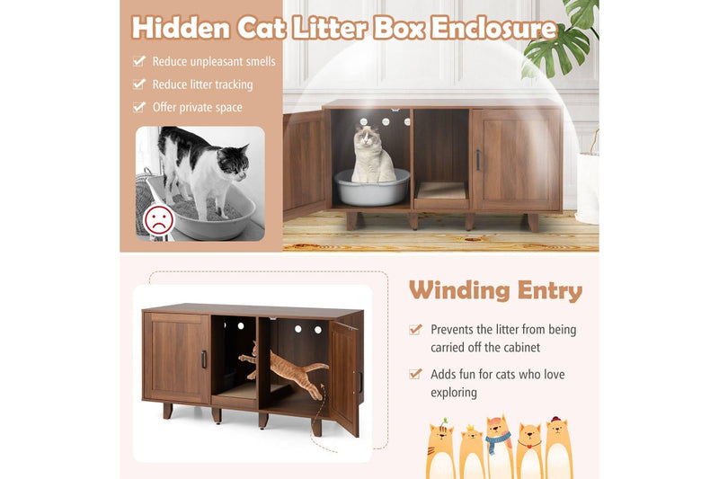Costway Wooden Cat Litter Storage Cabinet Double Door Cat House w/Scratch Pad Coffee