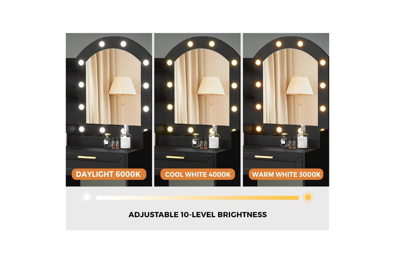 Oikiture Dressing Table Stool Set 12 LED Bulbs (Black)