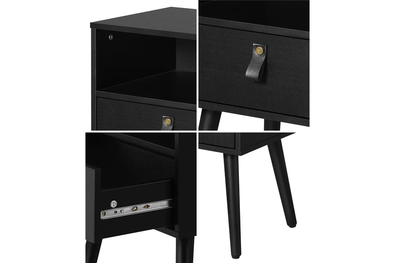 Oikiture Bedside Table Drawer Side Table w/ Leather Handle Black