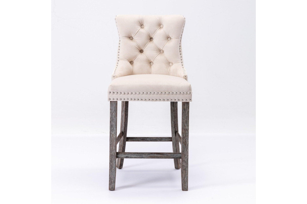 4X Velvet Bar Stools With Studs Trim Wooden Legs Tufted Kitchen Dining Chairs