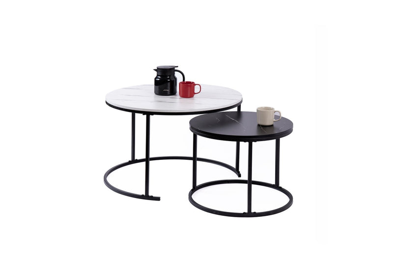 Set of 2 Coffee Table Round Marble Nesting Side End Table Furniture