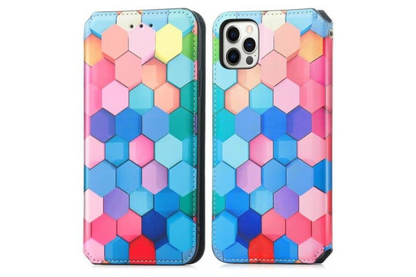 CaseNeo For Apple iPhone 15 Pro Leather Wallet Flip Case With RFID Blocking Credit Card Holder Slots Cover - Colored Squares