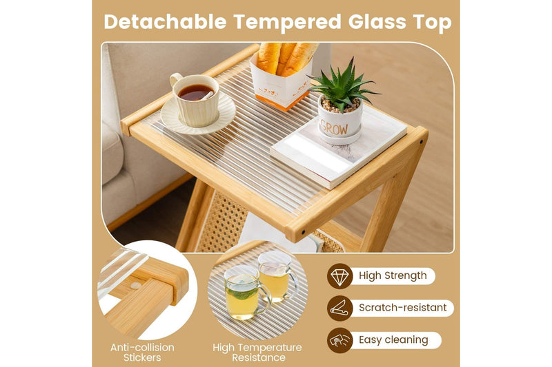 Giantex Boho Bedside Table Bamboo Nightstand Sofa Side Accent Table w/Glass Tabletop & Rattan Rack, Natural