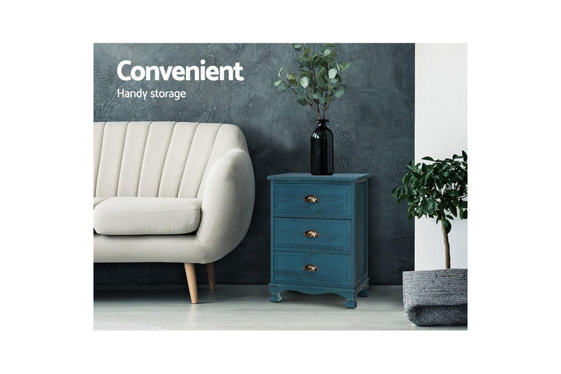 Artiss Bedside Table 3 Drawers Vintage - THYME Blue
