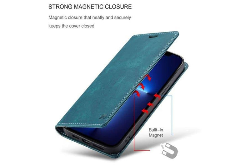 AutSpace For Apple iPhone 13 Pro Case RFID Blocking Retro Flip Premium Leather Card Holder Wallet Cover - Cyan Blue