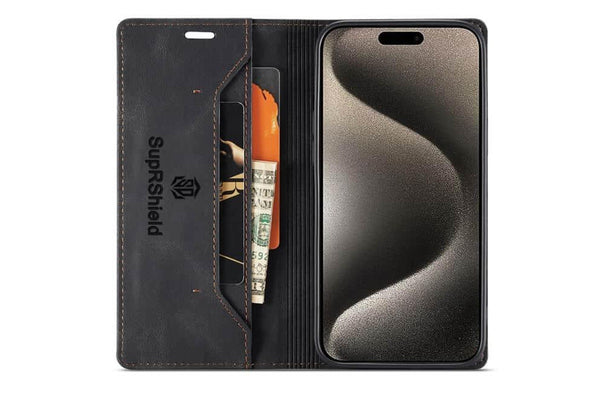 SupRShield For Apple iPhone 15 Pro Case RFID Blocking Retro Flip Premium Leather Card Holder Wallet Cover - Black