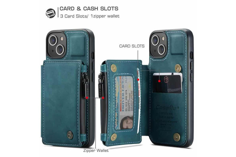 For Apple iPhone 15 CaseMe Back Zipper Wallet Case W/ 3 Card Slots, RFID Blocking, 1 Money Pocket, Credit Card Holder Leather Cover (Black)