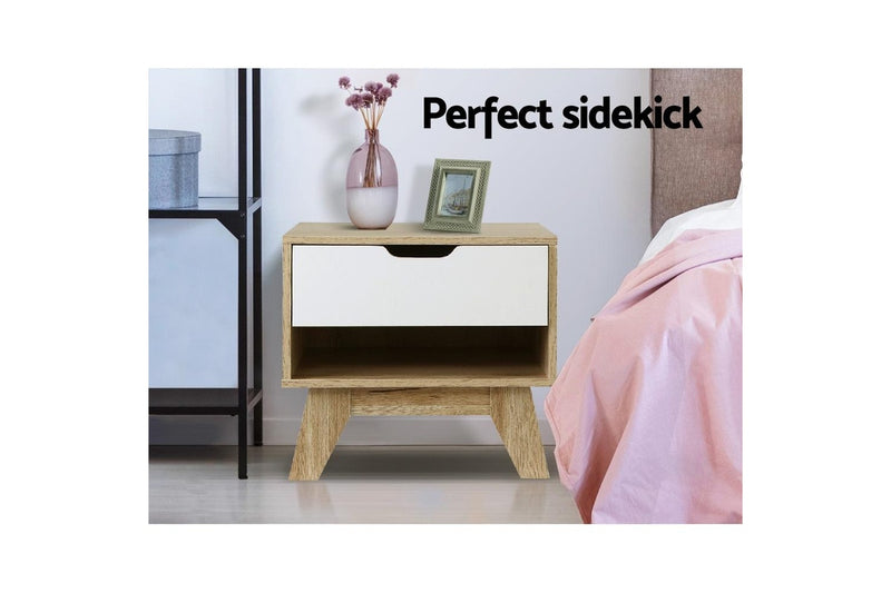 Artiss Bedside Table 1 Drawer with Shelf - IKER White & Oak