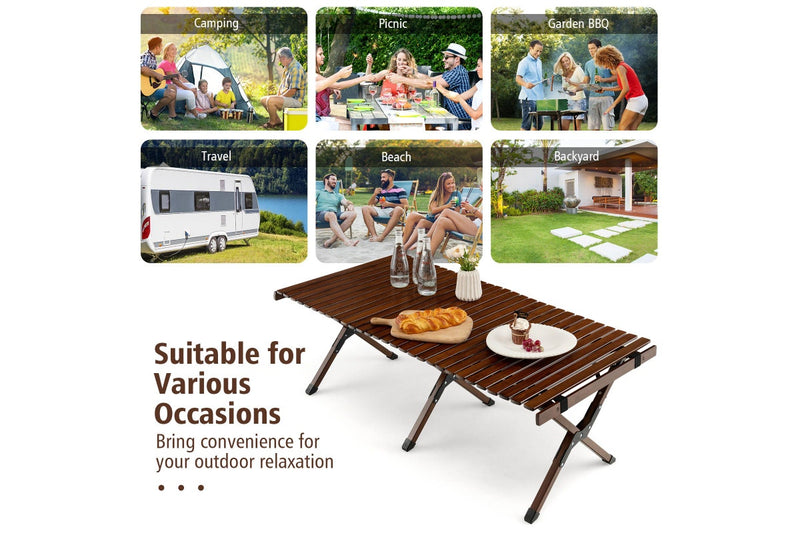Costway Portable Egg Roll Camping Table Folding Bamboo Picnic Table Camping table Outdoor w/Carry Bag Brown