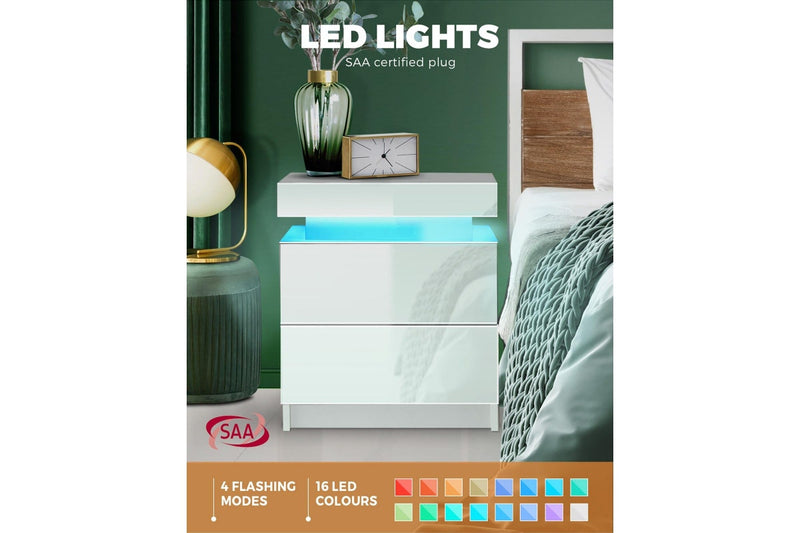 Oikiture Bedside Table RGB LED 2 Drawers White