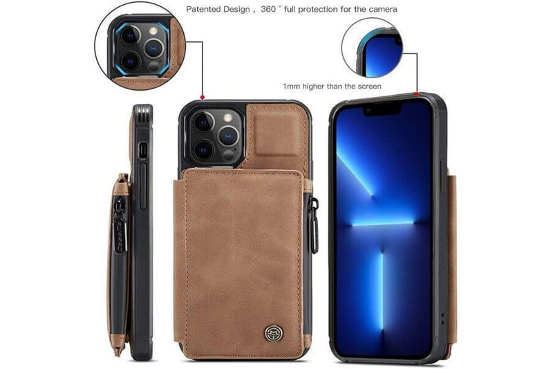 For Apple iPhone 13 Pro Max CaseMe Back Zipper Wallet Case W/ 3 Card Slots, RFID Blocking, 1 Money Pocket, Credit Card Holder Leather Cover (Brown)