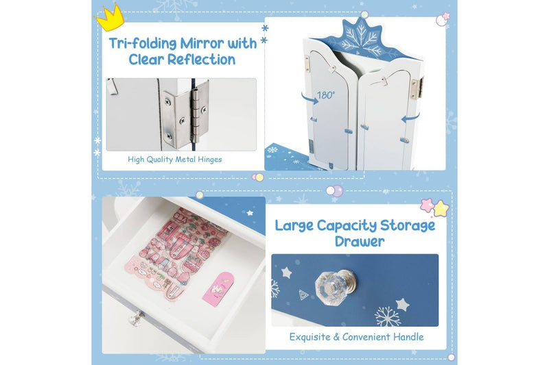 Costway Dressing Table Vanity Table & Stool Set Princess ren Gift Furniture Blue