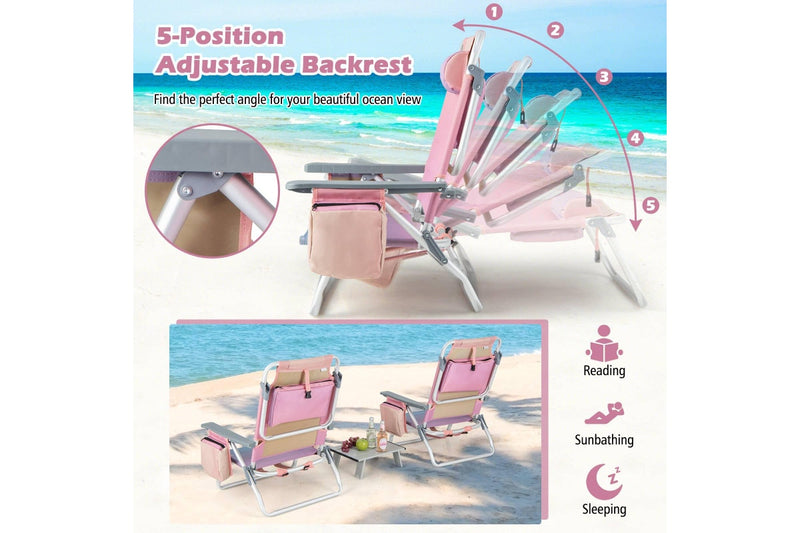 Costway 2-Pack Folding Backpack Beach Chair Portable Camping Stool w/Cup Holder Storage Pocket 5-Position Outdoor Reclining Chair