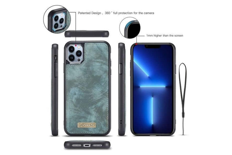 CaseMe For Apple iPhone 13 Pro Zipper & Detachable Retro Leather Pouch Wallet Flip Purse Bag Detachable Phone Case Cover (Sky Blue)