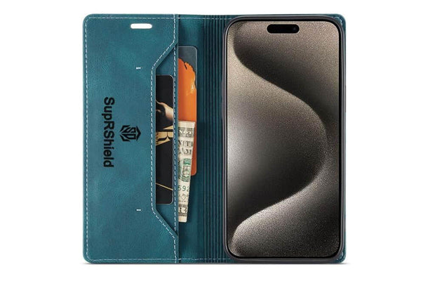 SupRShield For Apple iPhone 15 Pro Case RFID Blocking Retro Flip Premium Leather Card Holder Wallet Cover - Cyan Blue