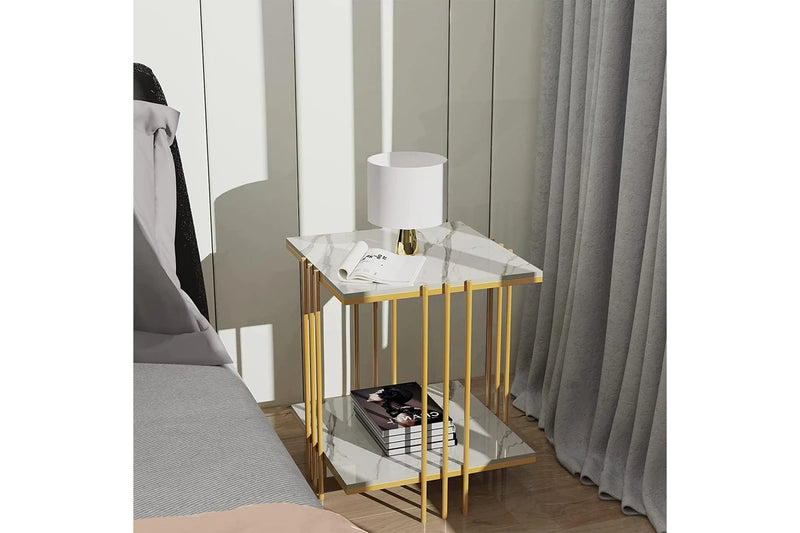 2 Tier Square Bedside table, Marble (Gold)