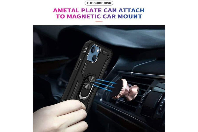 For Apple iPhone 13 Mini Case, Military Grade 360 Degree Rotating Metal Magnetic Ring Car Mount Holder Kickstand Shockproof Cover (Black)
