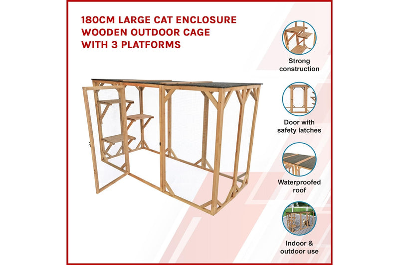 180cm Large Cat Enclosure Wooden Outdoor Cage with 3 Platforms