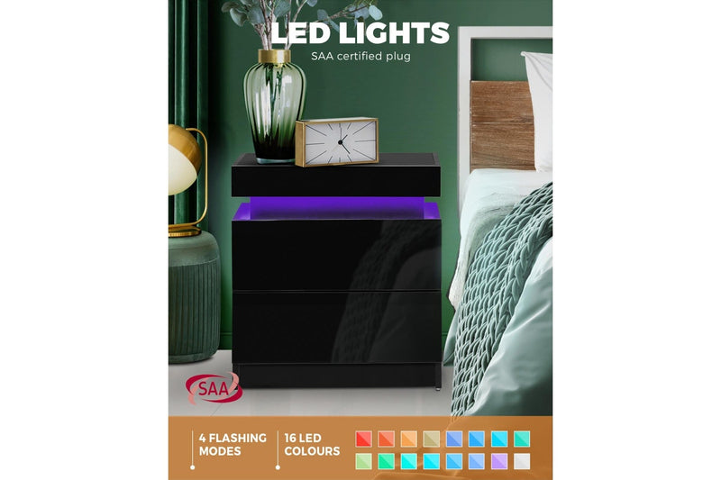 Oikiture Bedside Table RGB LED 2 Drawers Black