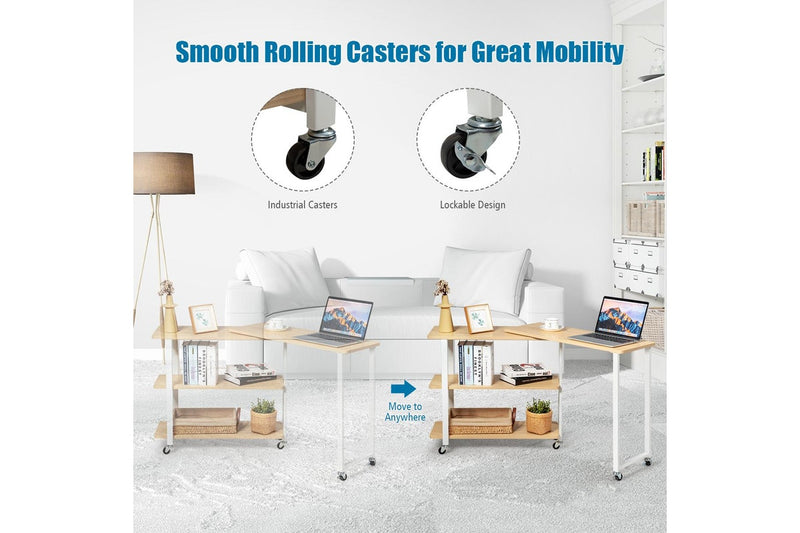 Giantex Mobile L-Shaped Side Table 360° Rotating Corner Desk w/2-Tier Storage Shelf Wood End Table Home Office Walnut