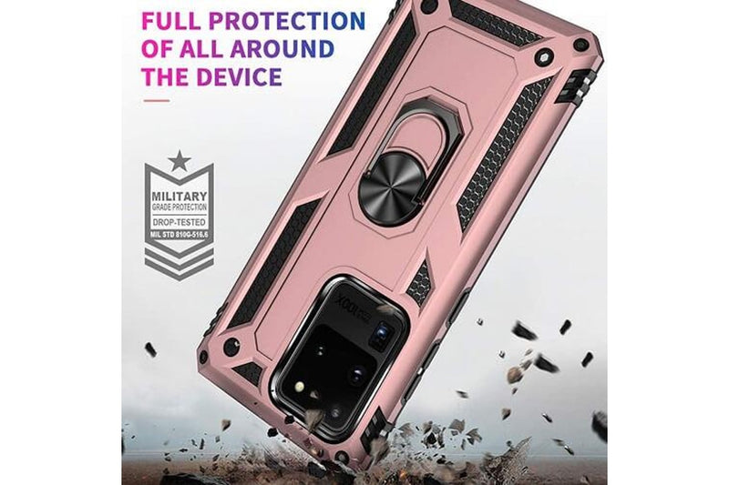 For Samsung Galaxy Note 20 Ultra /Note 20 Ultra 5G 6.9 Case, Military Grade 360 Degree Rotating Metal Magnetic Ring Car Mount Holder Kickstand Shockproof Heavy Duty Cover (Rose Gold)