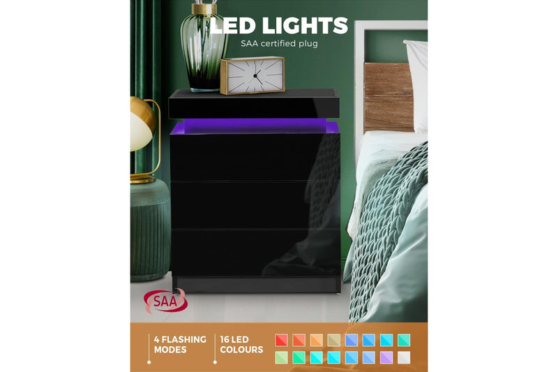 Oikiture Bedside Table 3 Drawers RGB LED Black