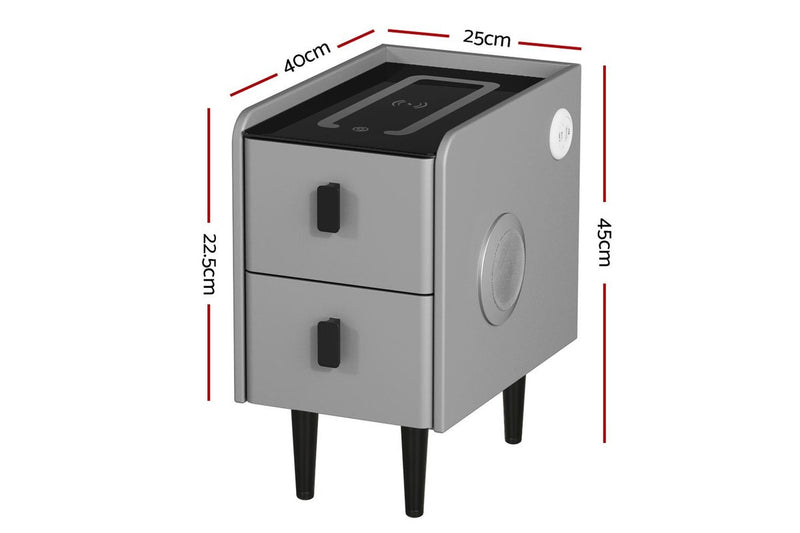 Artiss Smart Bedside Table 2 Drawers with Wireless Charging LED Lights Grey