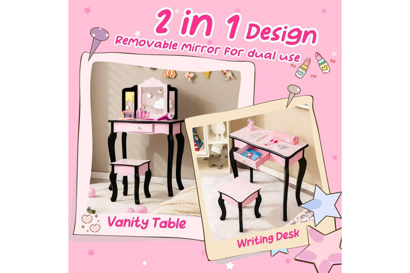 Costway Bedroom Dresser Vanity Table Stool Set w/ Tri-Folding Mirror Bedroom Furniture Pink