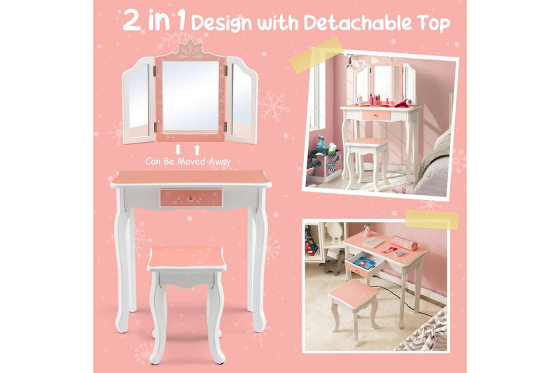 Costway Tri-Folding Mirror Vanity Table Writing Desk Durable Bedroom Furniture Pink