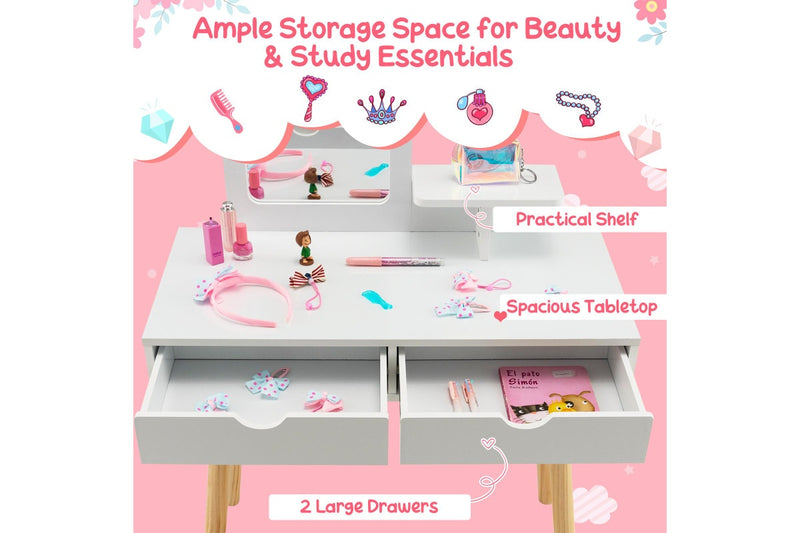 Giantex 2-in-1 Kids Vanity Table & Stool Set Makeup Dressing Table Princess Pretend Playset w/Removable Mirror & Drawer White