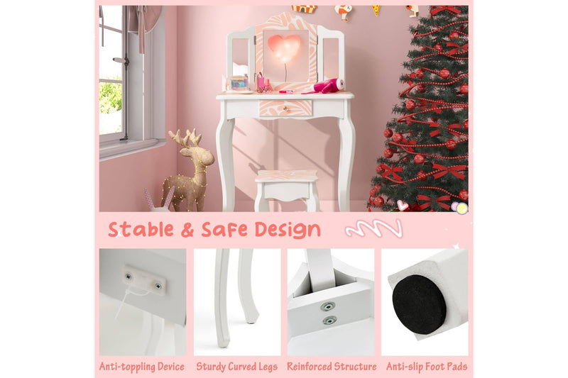 Costway 2 in 1 Dressing Table Chair Set Vanity Desk Mirror Makeup Desk Princess ren Pink