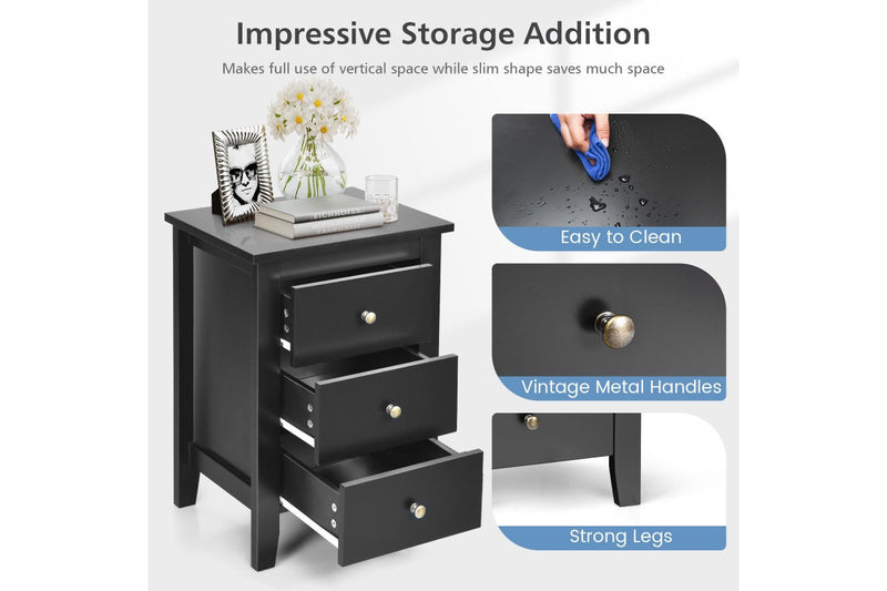 Giantex Bedside Table 3 Chest of Drawers Nightstand Home Office End Table Side Cabinet Black