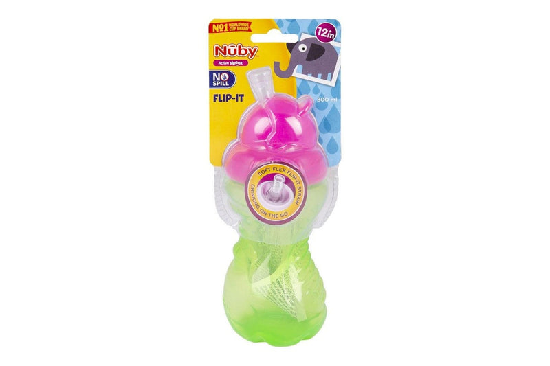 3x Nuby No Spill Soft Flex Flip It Straw Drinking Cup 300ml 12m+ Assorted