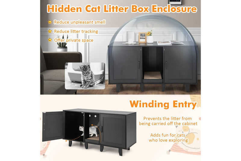 Costway Wooden Cat Litter Storage Cabinet Double Door Cat House w/Scratch Pad Black