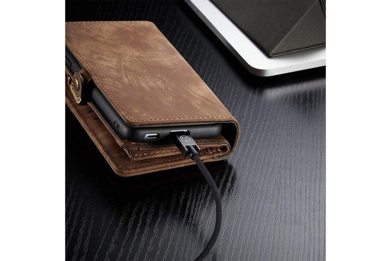 CaseMe For Samsung Galaxy S22 Zipper & Detachable Retro Leather Pouch Wallet Flip Purse Bag Detachable Phone Case Cover (Brown)