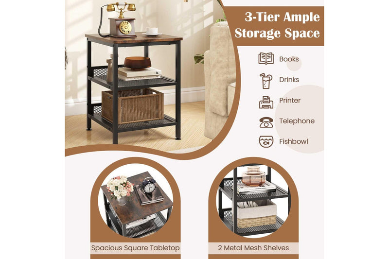 Giantex 3-Tier Sofa Side Table Industrial Nightstand Square End Table w/Storage Shelves Rustic Brown