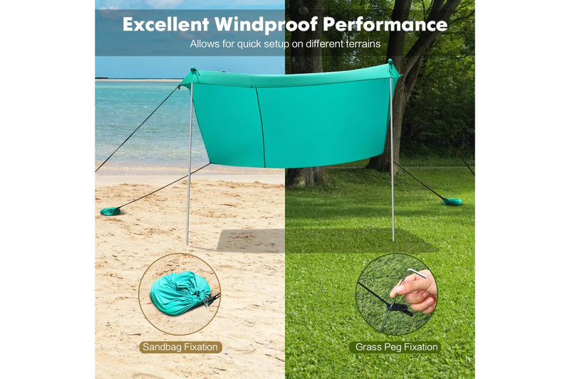 Costway Beach Sunshade Canopy UPF50+ Family Shelter Shade 3-4 Adults w/4 Poles Sandbags Peg Stakes Turquoise