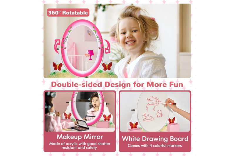 Giantex 2-in-1 Kids Vanity Table Stool Set Rotatable Mirror Makeup Table Princess Dressing Table w/Whiteboard & 4 Markers & Drawer